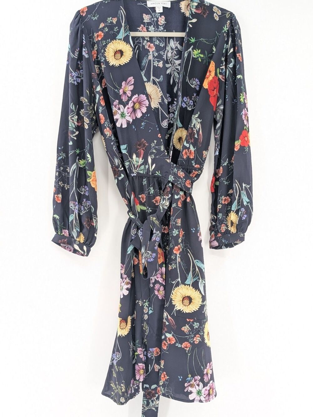 Amour Vert 100% Silk Navy Floral Long Sleeve Wrap Holiday Party Dress Size XL